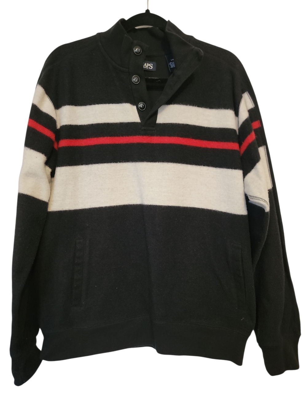 Chaps Black Sweatshirt with White and Red Stripe Accents